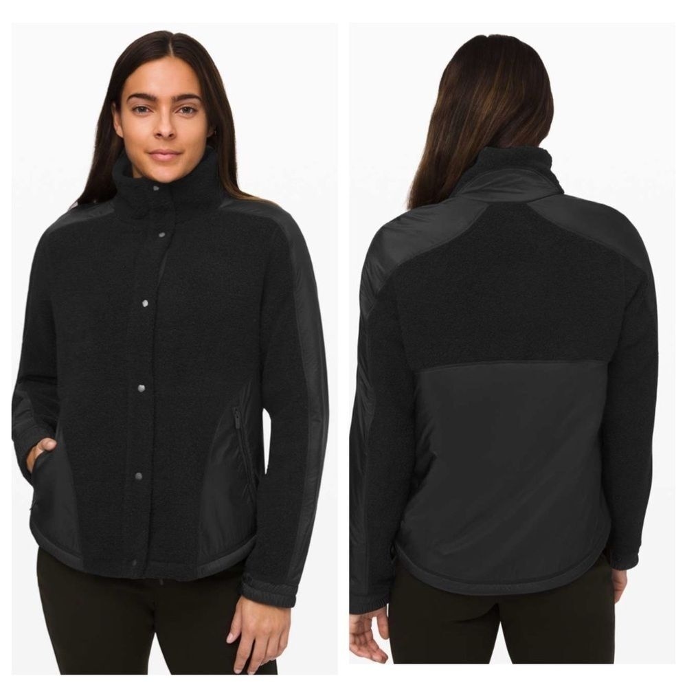 Lululemon Go Cozy Jacket Black Sherpa Wool Blend Snap Front Size 4